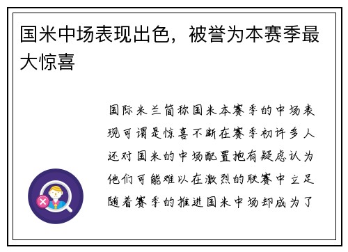 国米中场表现出色，被誉为本赛季最大惊喜